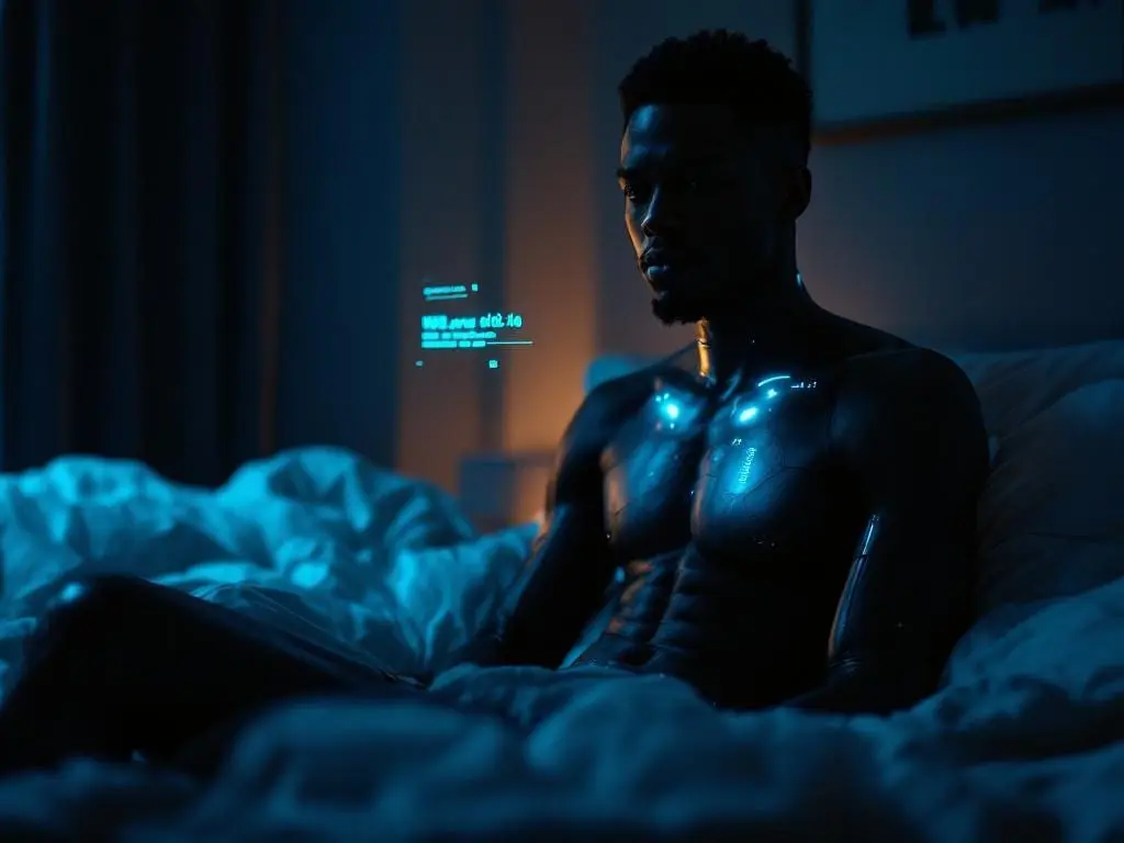 A cyborg adult sits alone on the edge of a bed at night, illuminated by teal window light, with a softly glowing cybernetic interface visible at the collarbone.