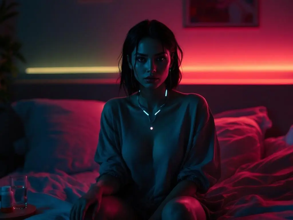A Latina cyborg woman sits upright on a bed in a dim bedroom, wearing a loose top, with a subtle cybernetic interface glowing at her collarbone under teal and magenta lighting.