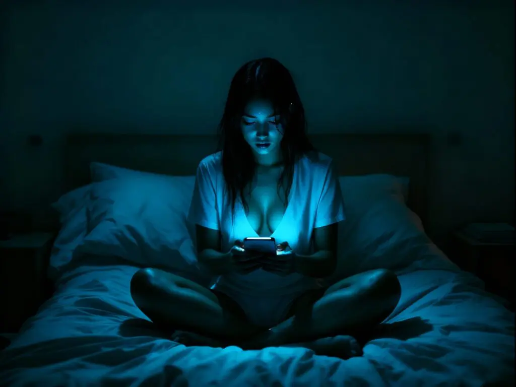 A South Asian cyborg woman sitting cross-legged on a bed in a dim room, holding a softly glowing phone with a subtle cybernetic cheek interface visible.