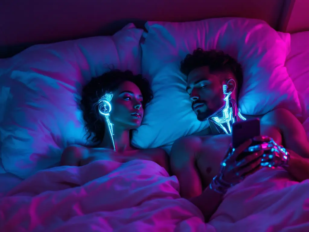 Emotionally distant couple in bed under cold city light, visible cybernetic implant glowing as one partner scrolls on a phone, representing feeling invisible and disconnected in a relationship.