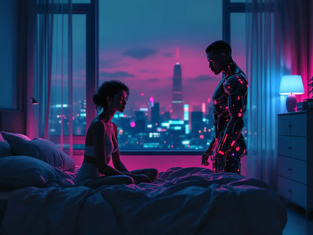 Couple emotionally distant in neon-lit bedroom with visible chrome neural implant and cybernetic arm, symbolizing feeling unseen in a modern relationship.