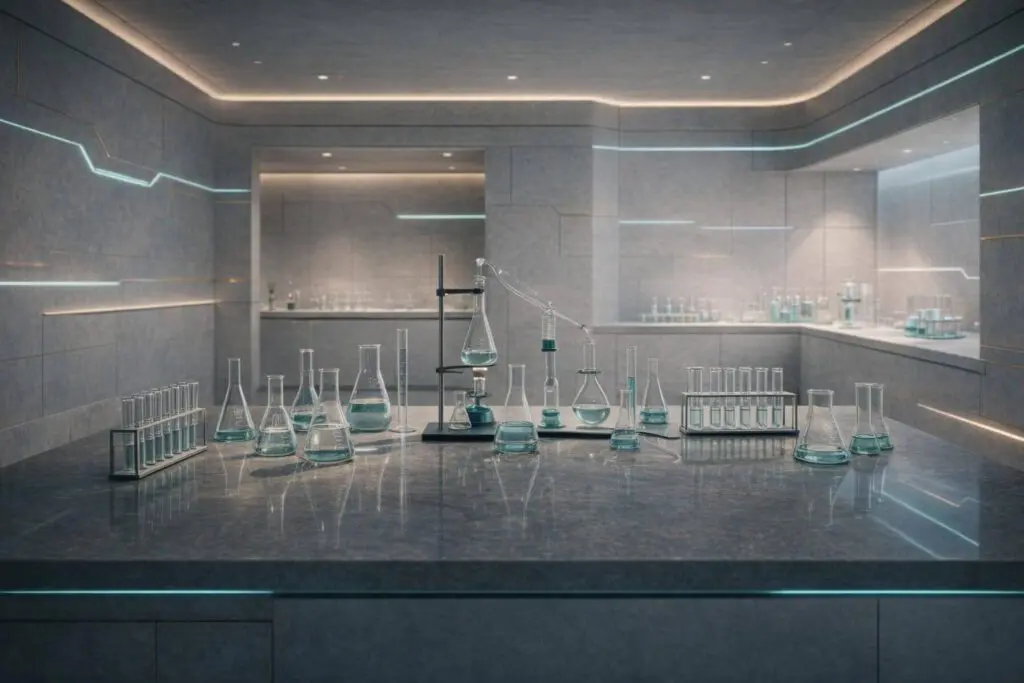 Luxury minimalist chemistry laboratory with precision glassware including beakers, flasks, and distillation equipment under teal ambient lighting, symbolizing emotional calibration and intensity mapping.