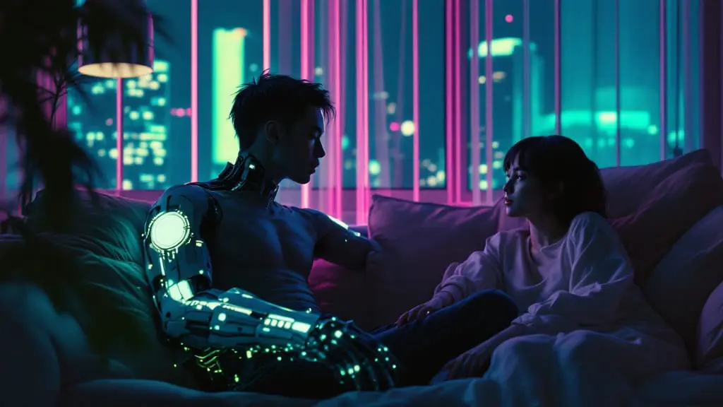 A partner with a biomechanical chrome arm sits on a neon-lit couch while a sharper holographic version of themselves appears behind them, illustrating projection in relationships.