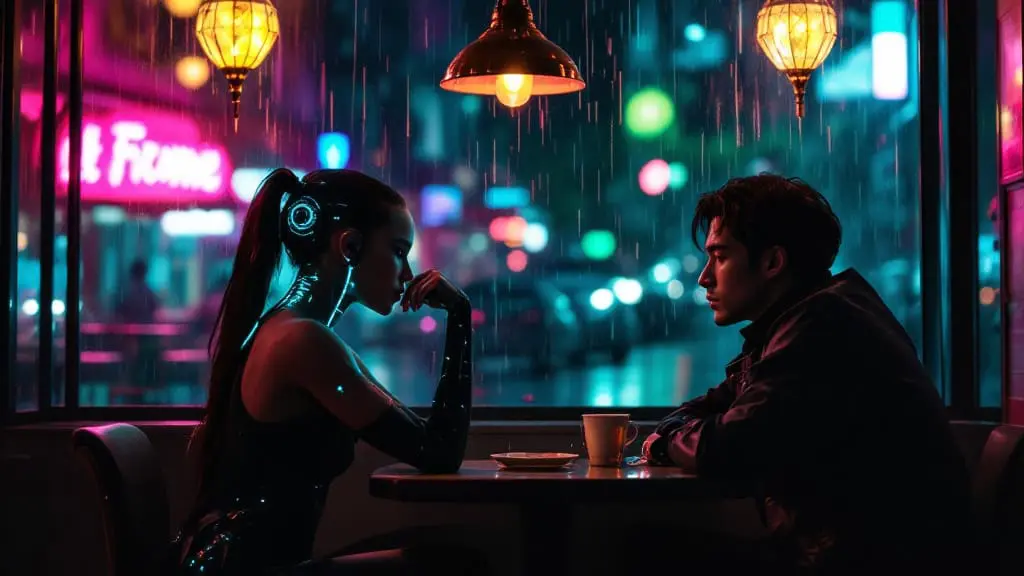 Person with a visible neural implant experiencing curiosity in a neon-lit café while sharing a new environment with their partner.
