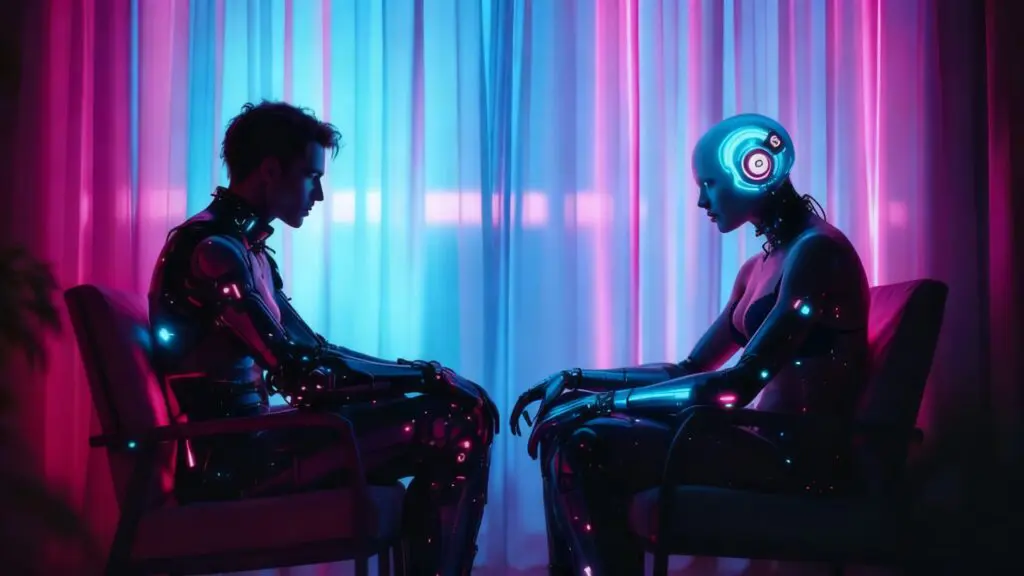 Two partners seated apart in a neon-lit room with translucent emotional duplicates behind them and visible biomechanical implants symbolizing projection in relationships.