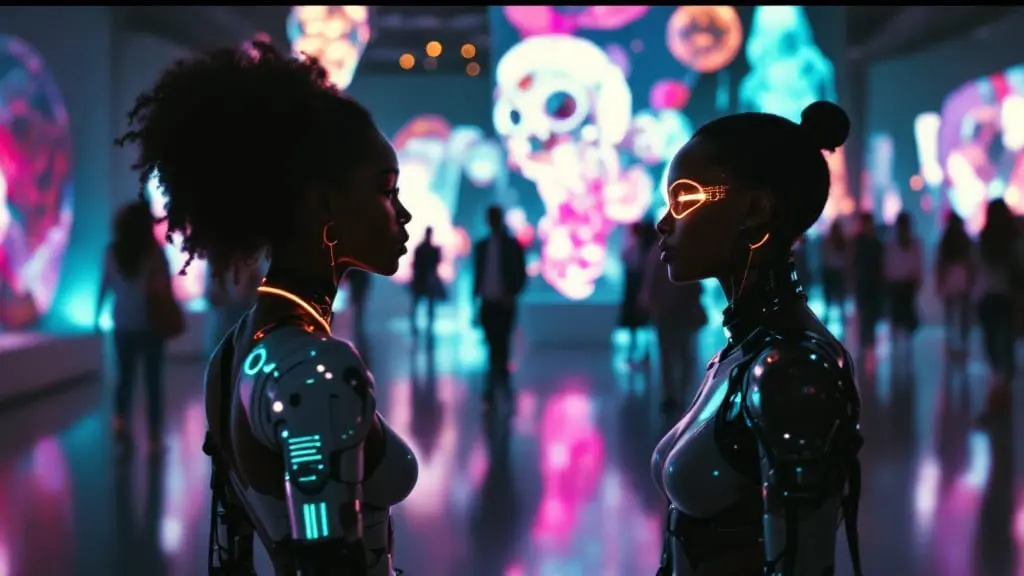 Couple exploring a futuristic art gallery while one partner’s cybernetic eye reflects glowing holographic artwork.