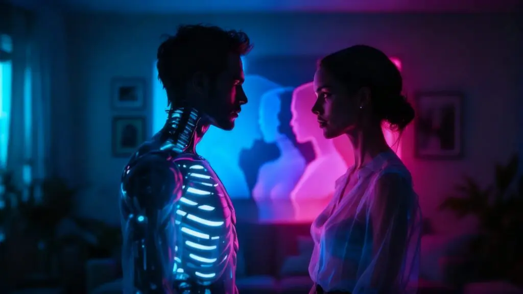 Two partners facing each other in teal-magenta neon light, one with a visible biomechanical ribcage implant glowing through their torso, symbolizing emotional projection in relationships.