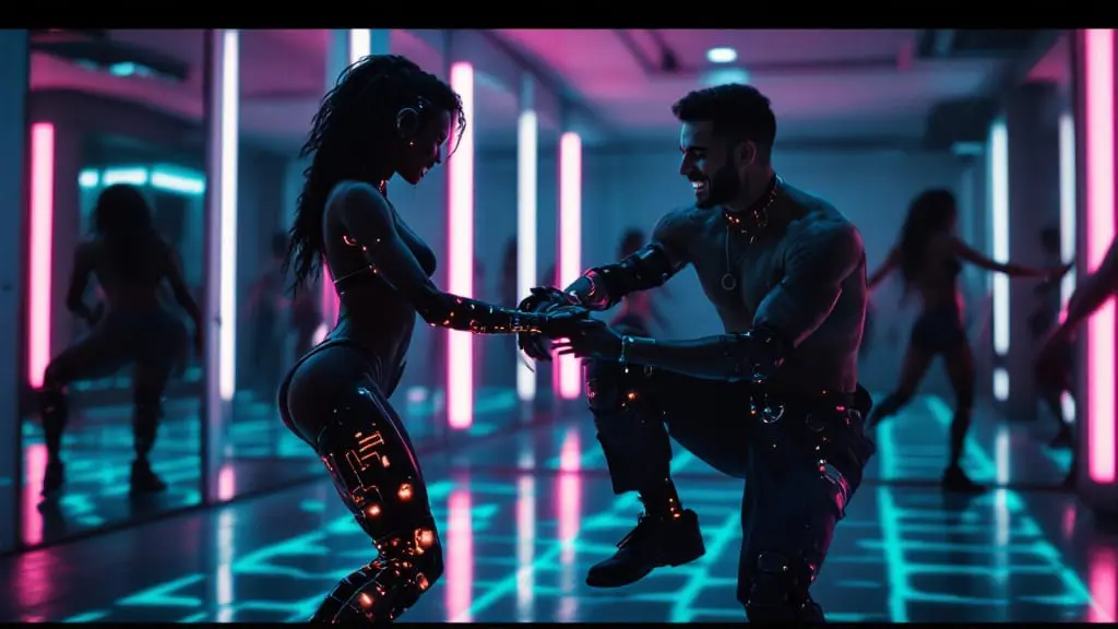 Couple learning dance steps together while a cybernetic leg prosthetic reflects neon lighting in a futuristic studio.