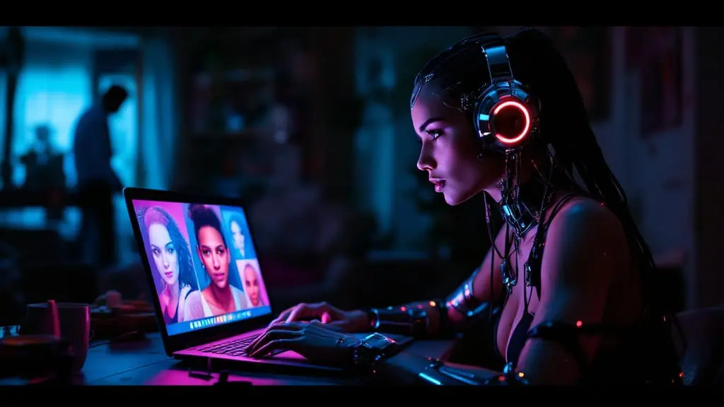 A partner illuminated by a glowing laptop screen with a visible cybernetic temple implant, while their real-life partner stands dimly in the background