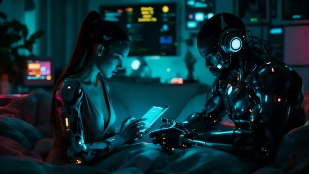 Couple sitting in a dim futuristic apartment surrounded by glowing screens, illustrating the emotional effect of repetitive routines.
