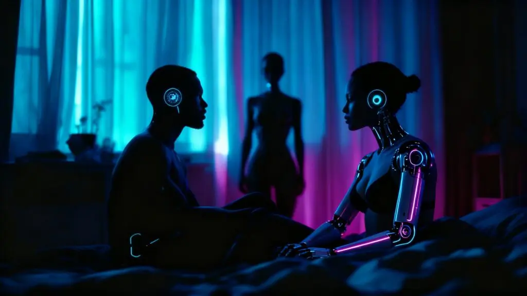 Two partners facing each other in teal-magenta neon light, both with visible cybernetic temple implants, while a softly lit silhouette stands in the background of the room.