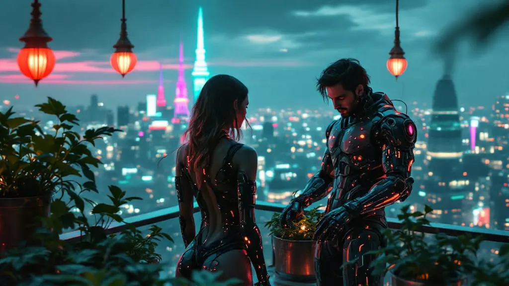 Couple exploring a futuristic rooftop garden while a cybernetic arm glows in neon city light.