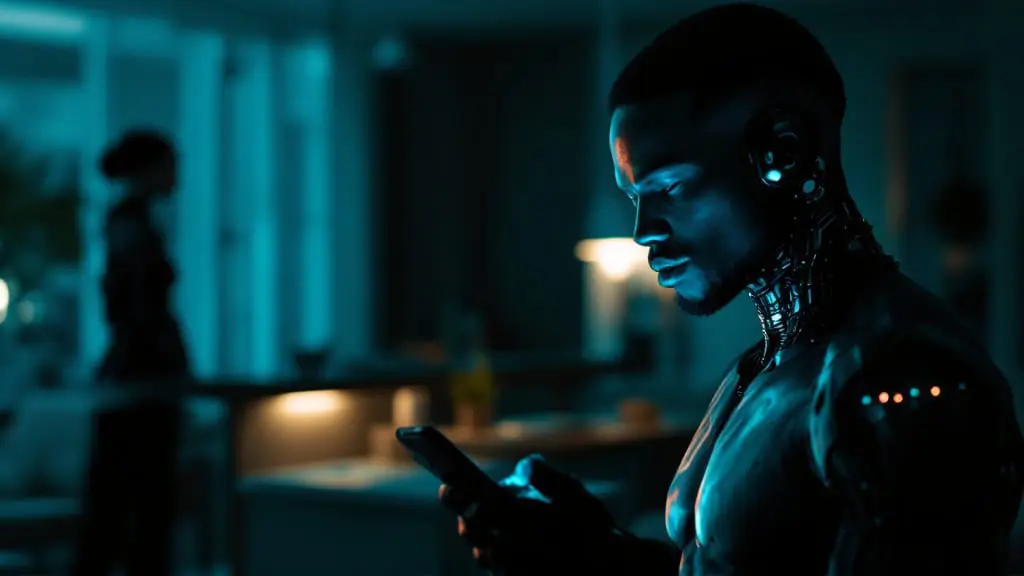 Two cybernetic partners standing apart in a neon-lit living room, one illuminated by a phone screen while the other stands dimly near a kitchen counter.