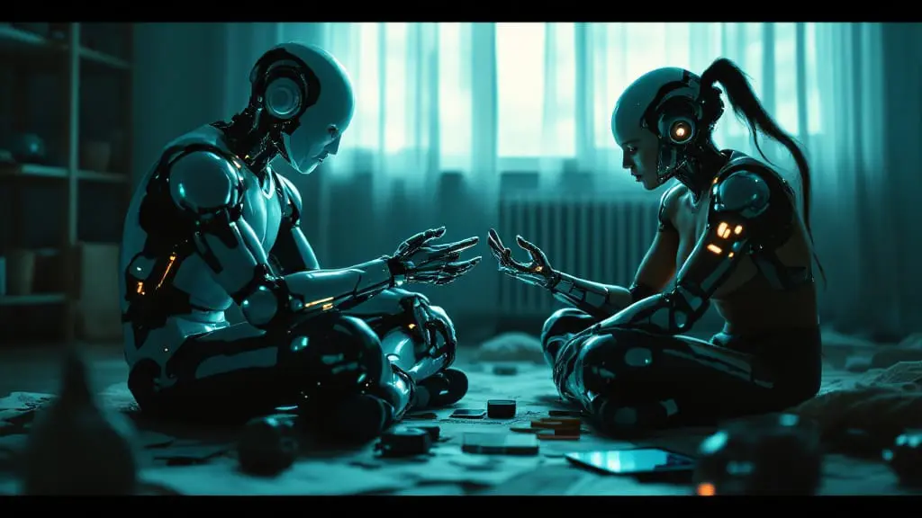 Two cybernetic partners sitting on the floor facing each other under teal and copper lighting, reaching toward each other with visible chrome implants illuminated.