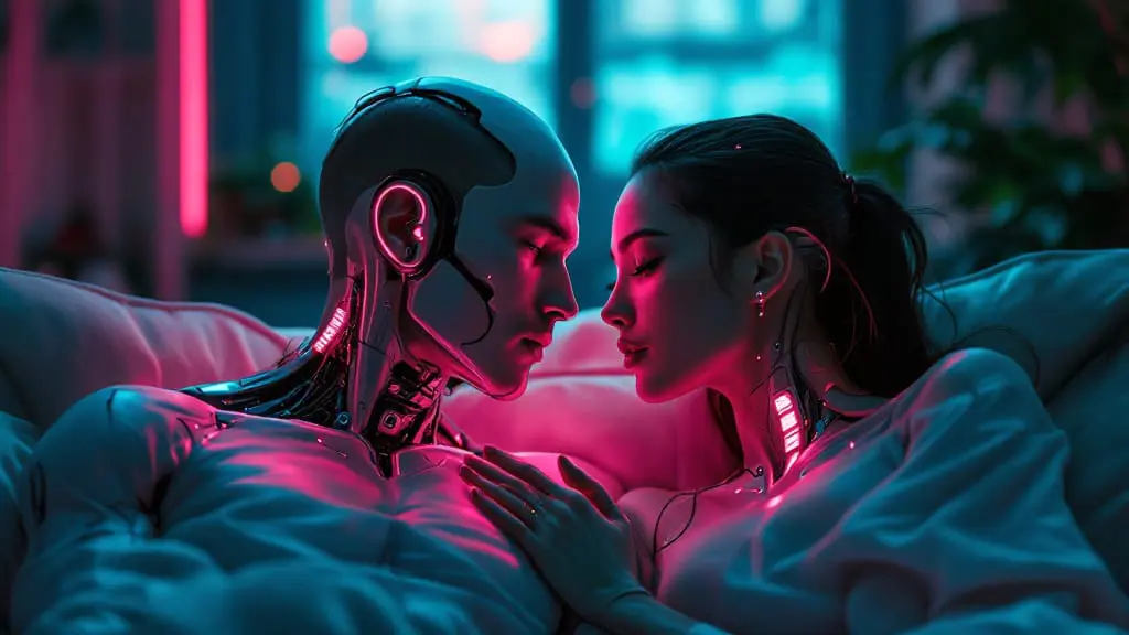 Two cybernetic partners sitting close on a sofa under teal and copper lighting, visible chrome implants glowing as they turn toward each other.