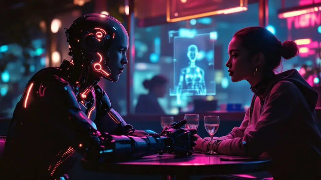 A cybernetic person compares their real partner to a faint holographic ideal version during a conversation.