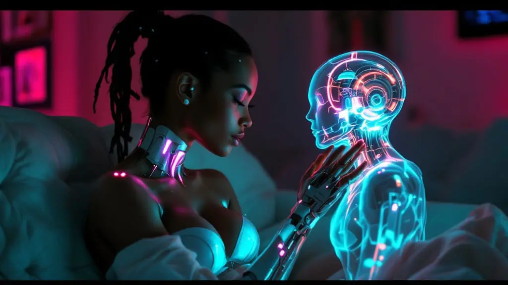 A cybernetic person interacting with a glowing holographic partner created from memory and expectation.