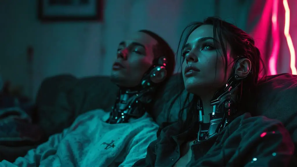 A couple sitting together while one partner experiences a subtle emotional disconnect through a holographic overlay.