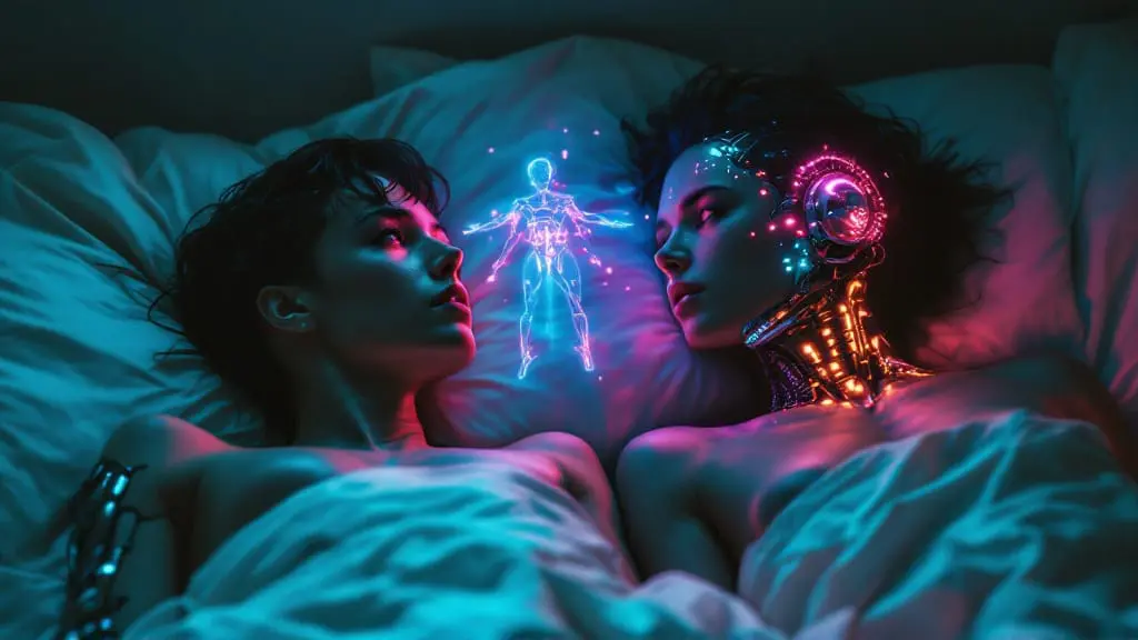 A person lying next to their partner while imagining a more vivid holographic lover above them.