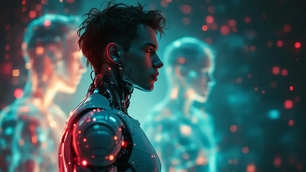 A cybernetic person surrounded by holographic figures representing past experiences shaping their expectations of love.