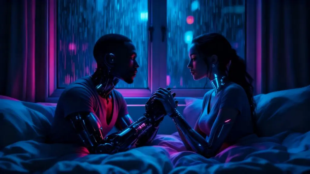 Two partners sit facing each other in a neon-lit bedroom; their reflections touch while their real hands hover apart, with a visible cybernetic forearm and a cybernetic jaw implant symbolizing projection in relationships.