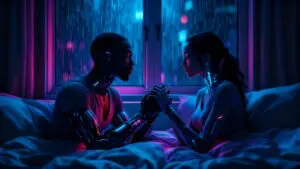 Two partners sit facing each other in a neon-lit bedroom; their reflections touch while their real hands hover apart, with a visible cybernetic forearm and a cybernetic jaw implant symbolizing projection in relationships.