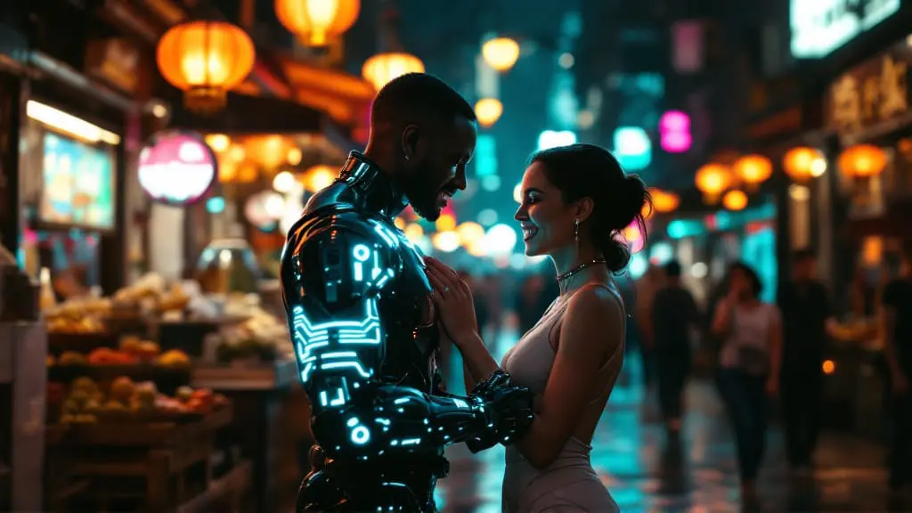 Couple exploring a neon-lit futuristic night market while sharing a novel experience together, symbolizing curiosity, connection, and emotional bonding through new experiences.
