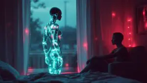 A cybernetic person lying in bed looking at a glowing holographic lover made of memories while their real partner sits blurred nearby.
