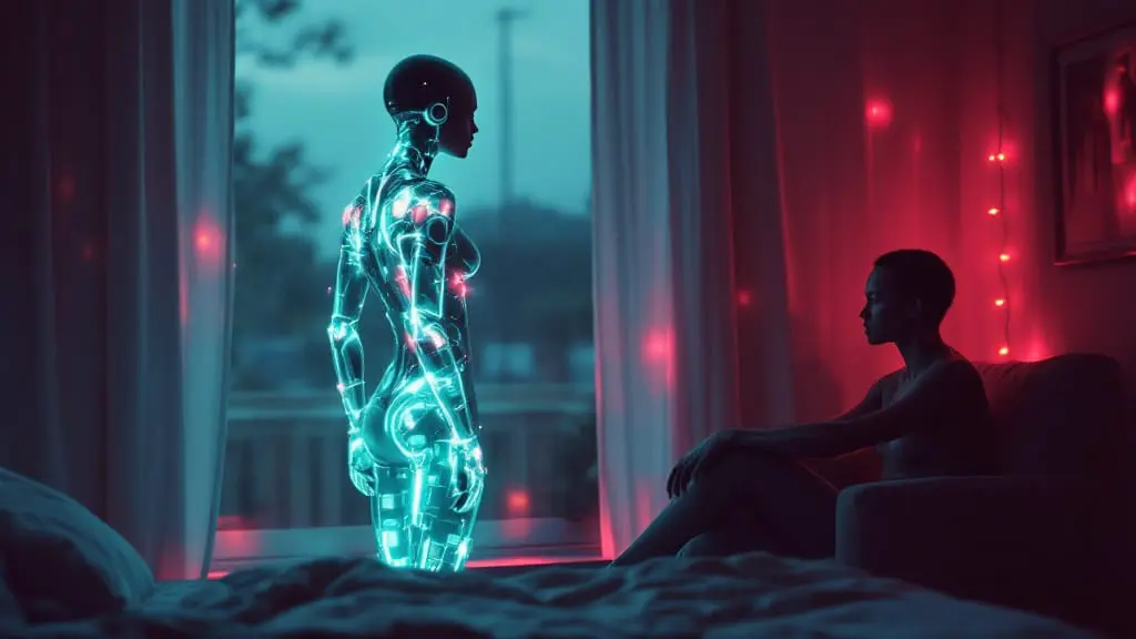 A cybernetic person lying in bed looking at a glowing holographic lover made of memories while their real partner sits blurred nearby.