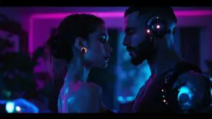 Two partners standing apart in a neon-lit room, one partially turned away as a faint echo silhouette mirrors their defensive posture, both with visible cybernetic implants.
