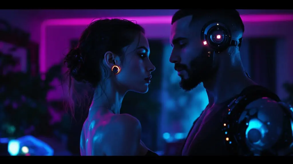 Two partners standing apart in a neon-lit room, one partially turned away as a faint echo silhouette mirrors their defensive posture, both with visible cybernetic implants.