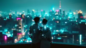 A couple exploring a futuristic city overlook together, symbolizing how new experiences and shared adventures reignite romantic desire.