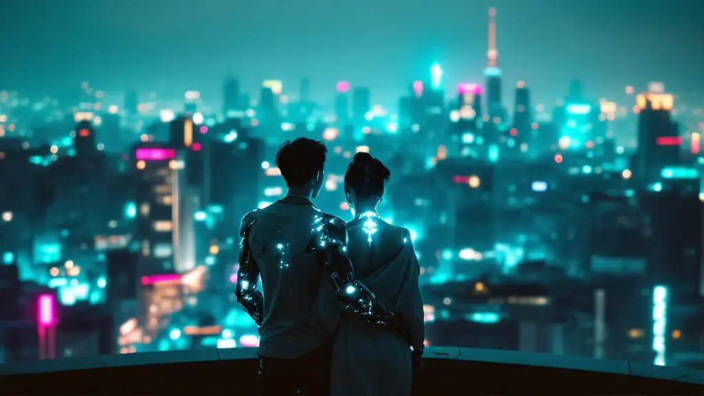 A couple exploring a futuristic city overlook together, symbolizing how new experiences and shared adventures reignite romantic desire.