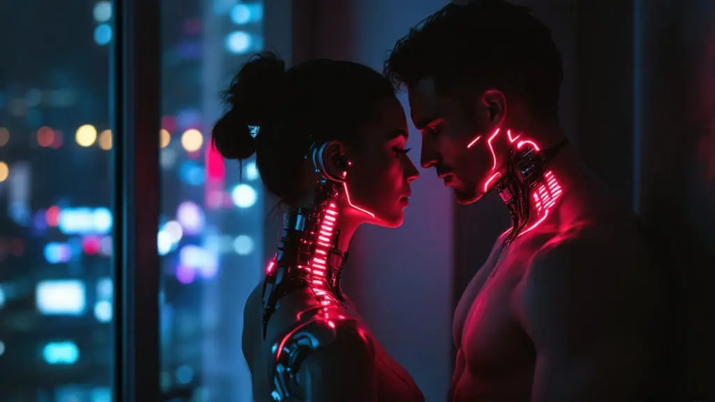 Two partners stand apart in a dim room, visible cybernetic implants glowing in teal and copper light, illustrating fear of intimacy and emotional distance in relationships.