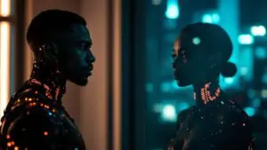 A couple stands apart in a dim apartment, visible copper cybernetic implants glowing as a reflected image in the window appears more idealized than the real partner, symbolizing the projection cycle in relationships.