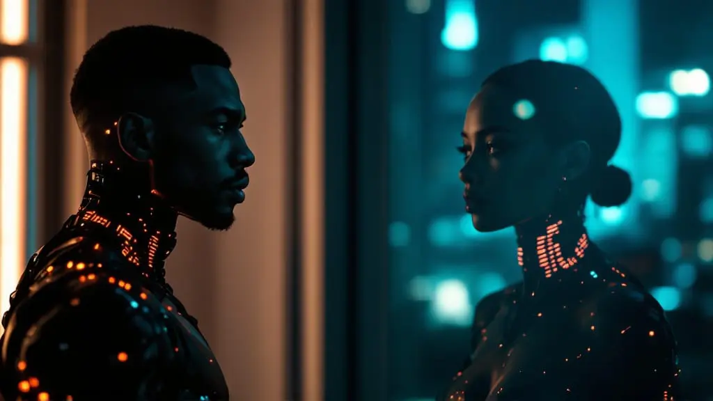 A couple stands apart in a dim apartment, visible copper cybernetic implants glowing as a reflected image in the window appears more idealized than the real partner, symbolizing the projection cycle in relationships.