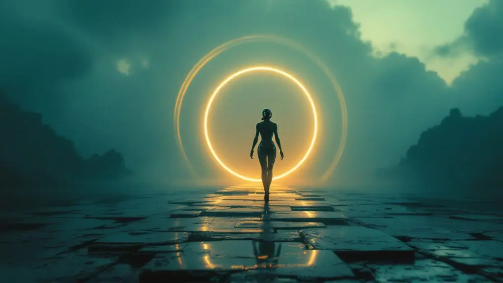 Self-discovery through new experiences symbolized by a reflective figure overlooking a futuristic city