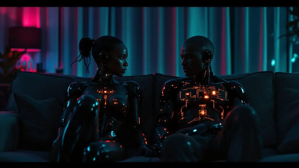 Cyborg partner with glowing copper chest circuitry sitting apart on a sofa, embodying low self-worth and emotional distance in a relationship.