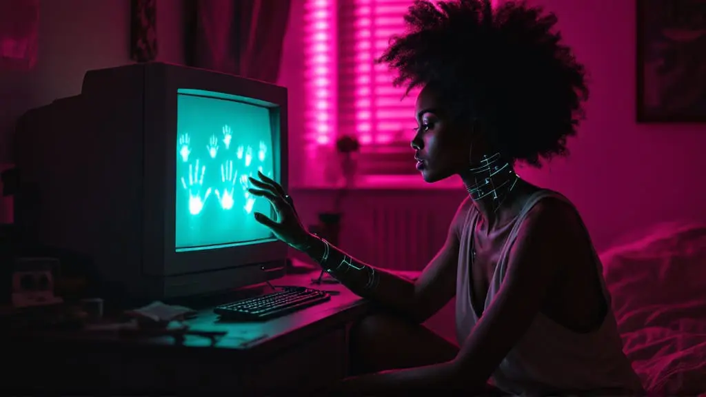 Black woman with glowing cybernetic arm and collarbone sits in a dim room, reaching toward a CRT screen where luminous handprints appear in teal light.