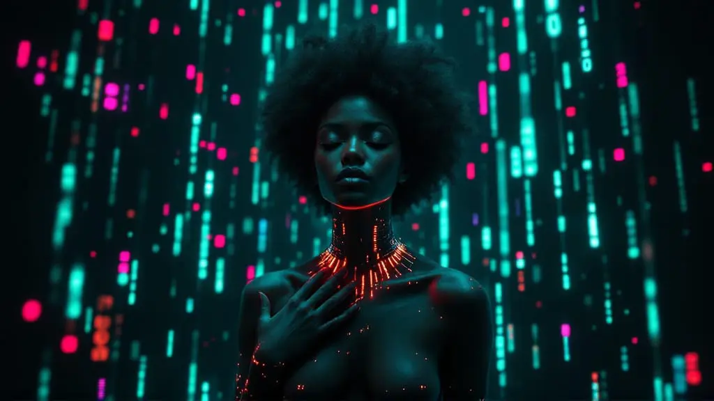 Black woman with glowing cybernetic circuitry stands surrounded by floating digital code, highlighting contrast between human touch and artificial environment.