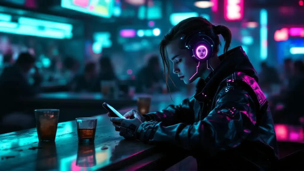 Gender-neutral cyborg with glowing ear implant and chrome jacket sits at a neon-lit bar, holding a phone with a faint reflected face on the screen.