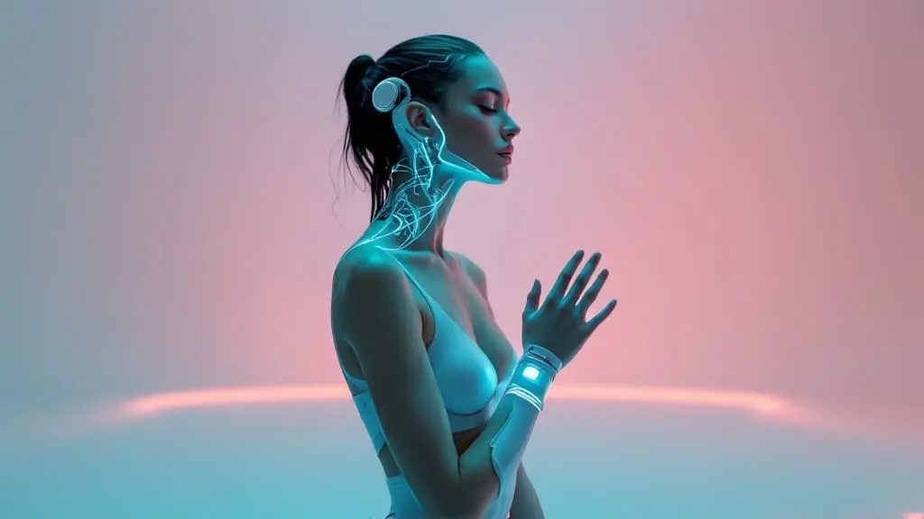 Female cyborg with glowing jaw and neck circuitry wears a luminous haptic bracelet emitting light waves along her arm in a rose and teal studio.