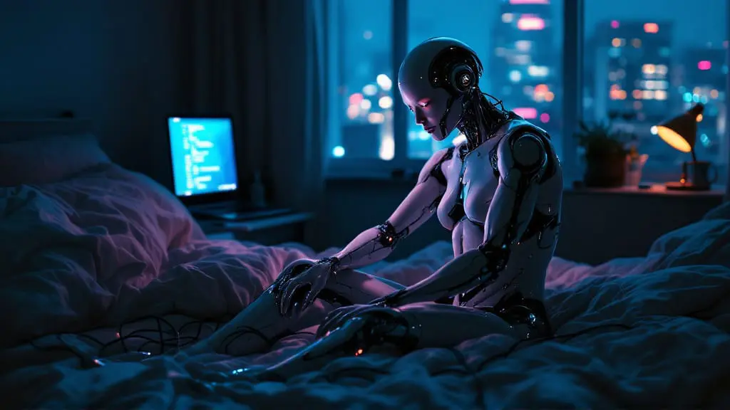 Cyborg with visible chrome arm and jaw implants sits on a bed in a dim room, illuminated by blue screen light and warm lamp glow.