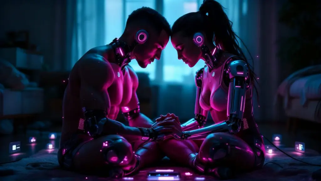 Mixed-race cyborg couple with chrome temple implants sit together holding hands, surrounded by soft holographic displays in magenta and teal light.