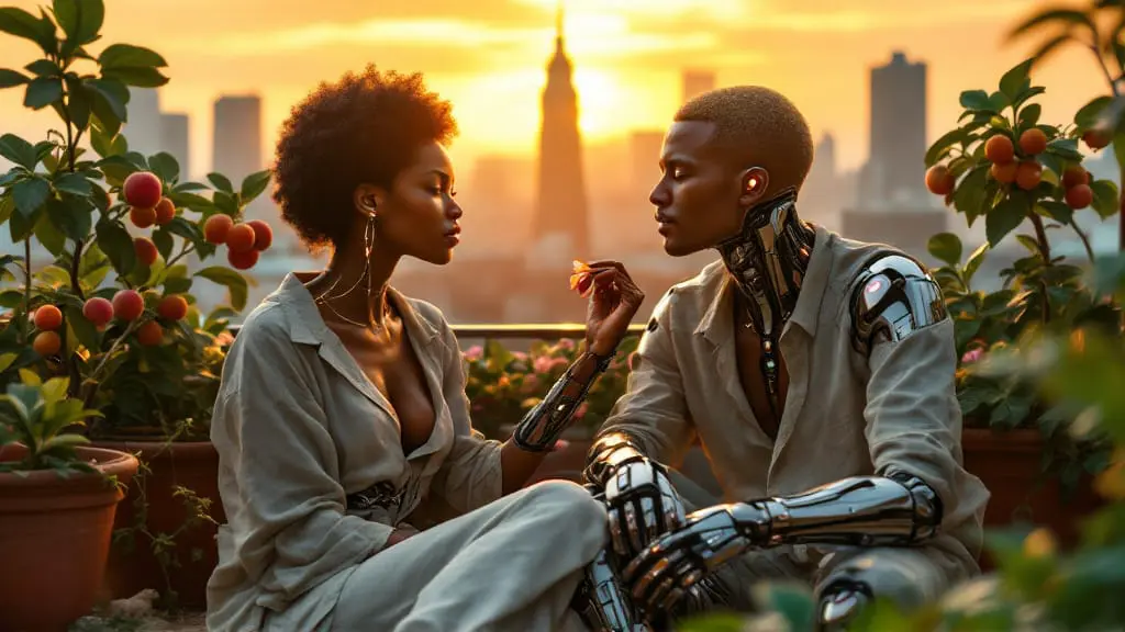 Two cyborgs sit in a rooftop garden at sunrise surrounded by plants and fruit, one gently touching the other’s chrome hand.