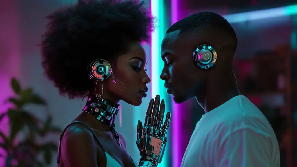 Black cyborg woman and male-presenting cyborg stand close on opposite sides of glowing glass, faces nearly touching in magenta and teal light.