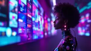 Black female cyborg illuminated by glowing screens, with visible neck circuitry reflecting magenta and teal light in a dark room.