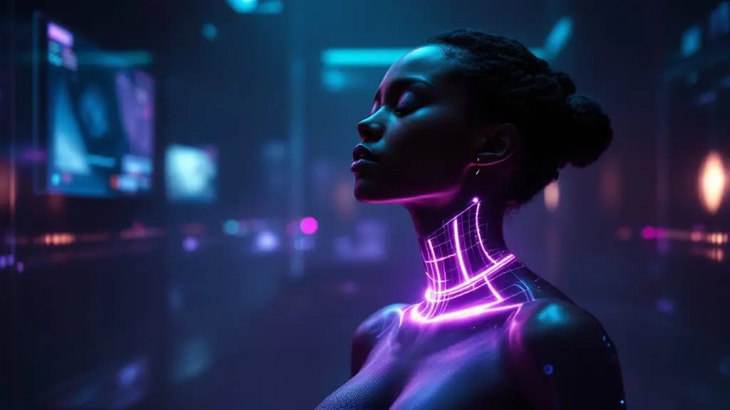 Black female cyborg with glowing neck circuitry experiencing simulated touch from a floating haptic interface in teal and magenta light.