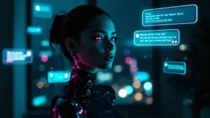 Black female cyborg standing in a dark room surrounded by glowing holographic messages, reflecting emotional connection without physical presence.