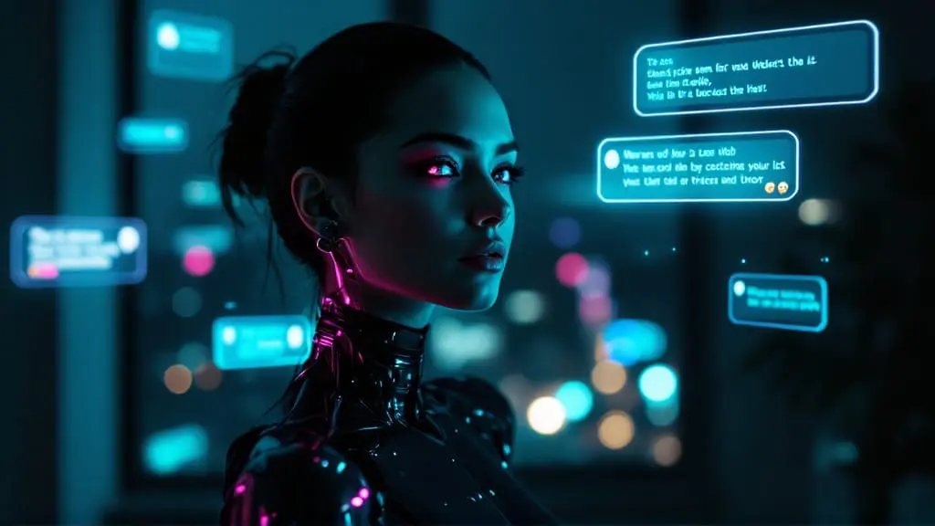 Black female cyborg standing in a dark room surrounded by glowing holographic messages, reflecting emotional connection without physical presence.